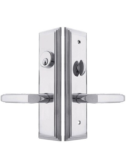 Manhattan F20 Function Mortise Lock Entryset in Polished Chrome with Left Hand Milano Levers, and Stop/Release Buttons.